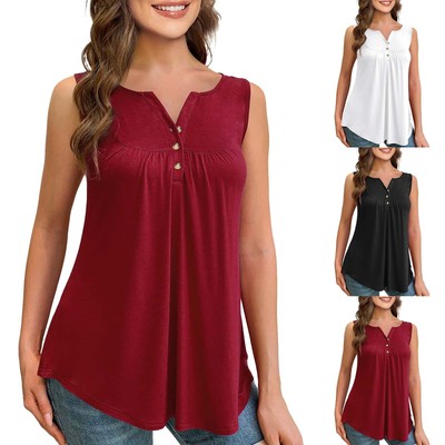 Womens Button V Neck Vest Tops Ladies Summer Casual Loose Sleeveless Tee T-Shirt