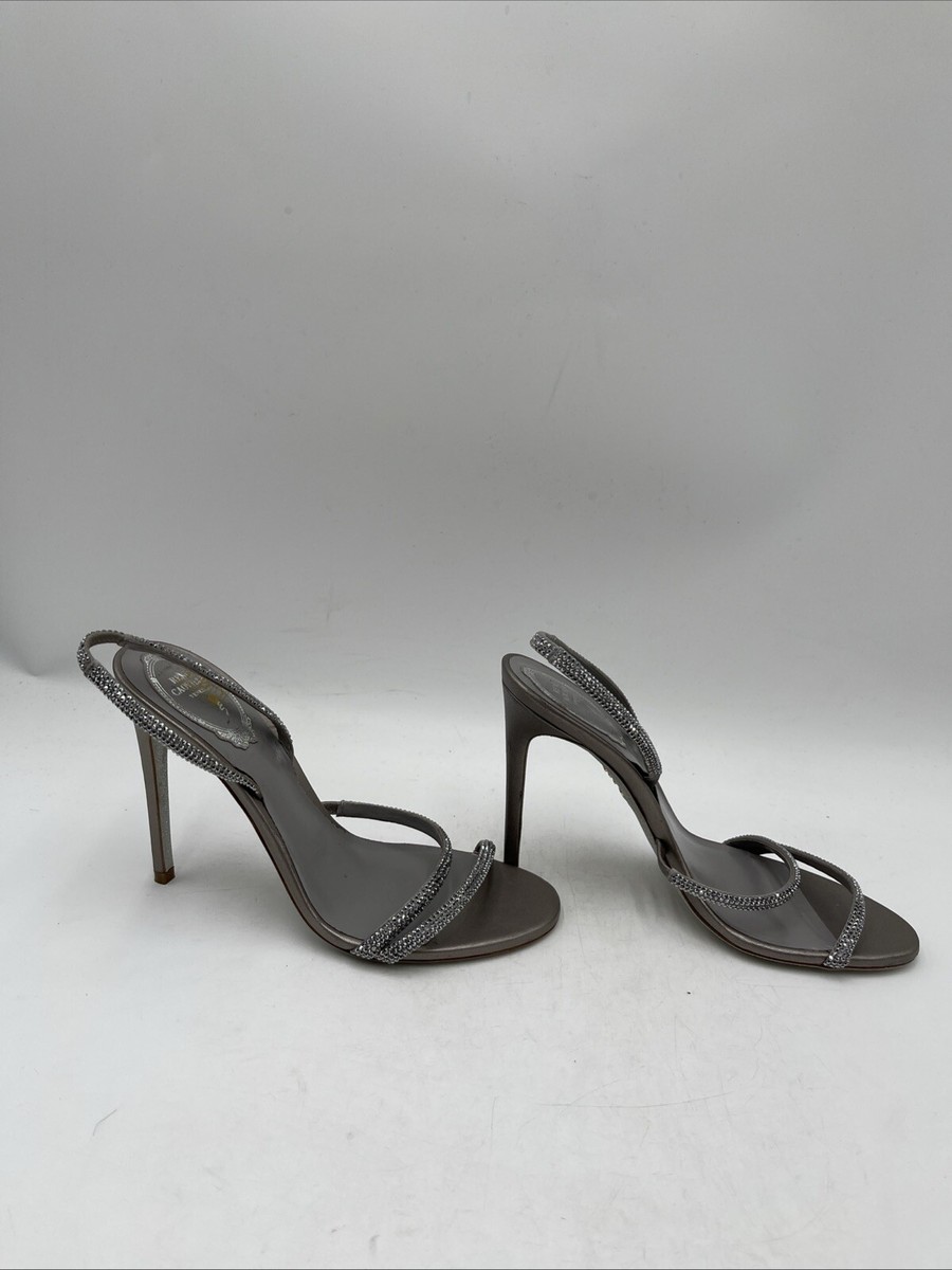 René Caovilla Irina Satin Leather Slingback Sandal Silver Size