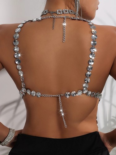 Sexy Y2K Rhinestone Metal Corset Crop Top Halter See-Through Party Bra Tank Top - Picture 2 of 6