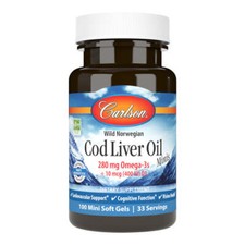 Carlson Labs Cod Liver Oil Minis 280mg Omega-3's 400IU D3 100 Mini Softgels