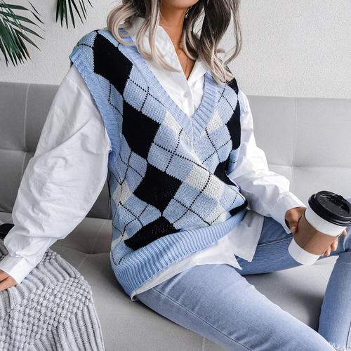 Women Knitted Vest Waistcoat Sweater Jumper Tank Top Argyle Sleeveless Loose - Picture 17 of 17