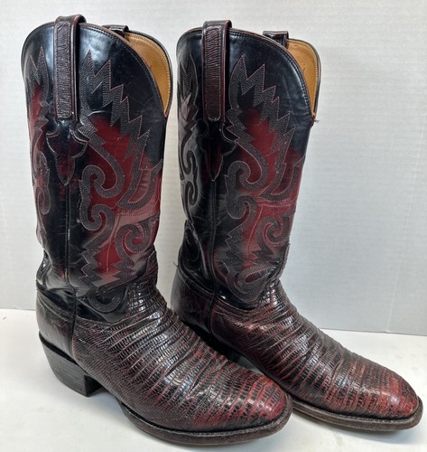 Vtg Lucchese Classics Lizard Cowboy Boots Mens 7 D Women 8.5 Black Cherry Exotic - Picture 6 of 12