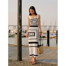 Commense Knit Maxi Dress Medium White Black Geometric Bodycon 60s Mod Art Deco