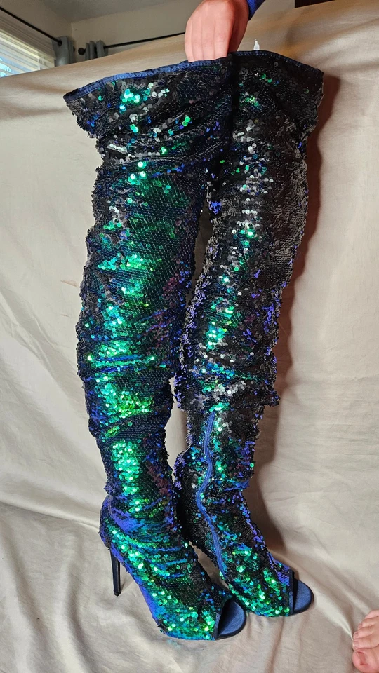 Botas Camssoo Sobre la Rodilla Sirena Lentejuelas Mujer 10 Verde Azul Punta Abierta Stiletto Foto 2 de 4