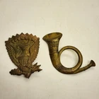 Antique 1858-1865 2pcs Civil War Hat Badges EAGLE Sheild Arrows & HORN BRASS