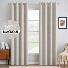 100 Blackout Linen Textured Curtains for Bedroom Solid Thermal Insulated Ivory