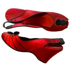 True Vintage Rare Red Satin Art Deco Wedge Heel Daniel Green Slippers 7