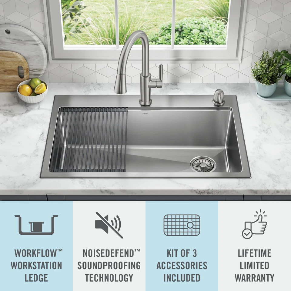 Pia de estação de trabalho Delta Emery 33", tigela única com borda + kit certificado recondicionado - Imagem 3 de 4