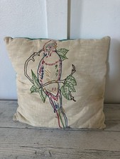 Hand Embroidered Stitched Parrot Pillow 1930 Era 12x12 Bird Tropical Green Back