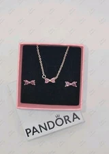 Authentic Pandora Sparkling Pink Bow Necklace & Earrings Gift Set 394235C01