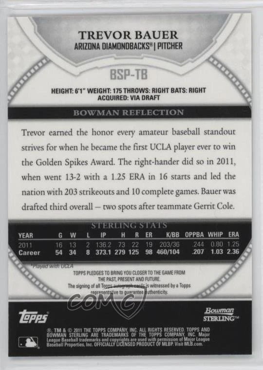 2011 Bowman Sterling Prospect Auto Trevor Bauer #BSP-TB Auto - Image 2 of 2