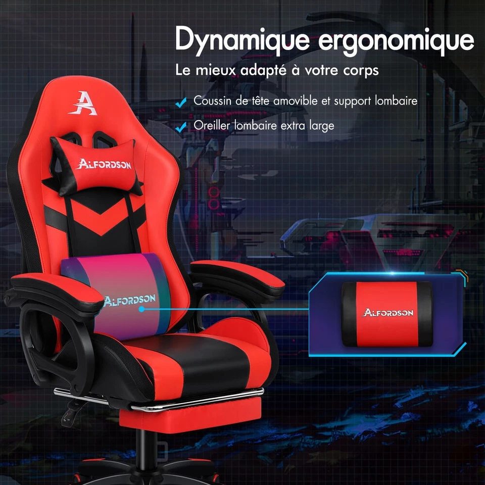 ALFORDSON Chaise Gaming Chaise de Bureau LED et Massant 8 Points Rouge et Noir - Photo 3/4