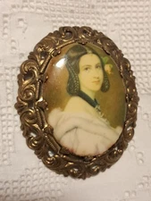 Antique Portrait Brooch – Victorian Revival Porcelain Plaque – Ornate Gilt Brass