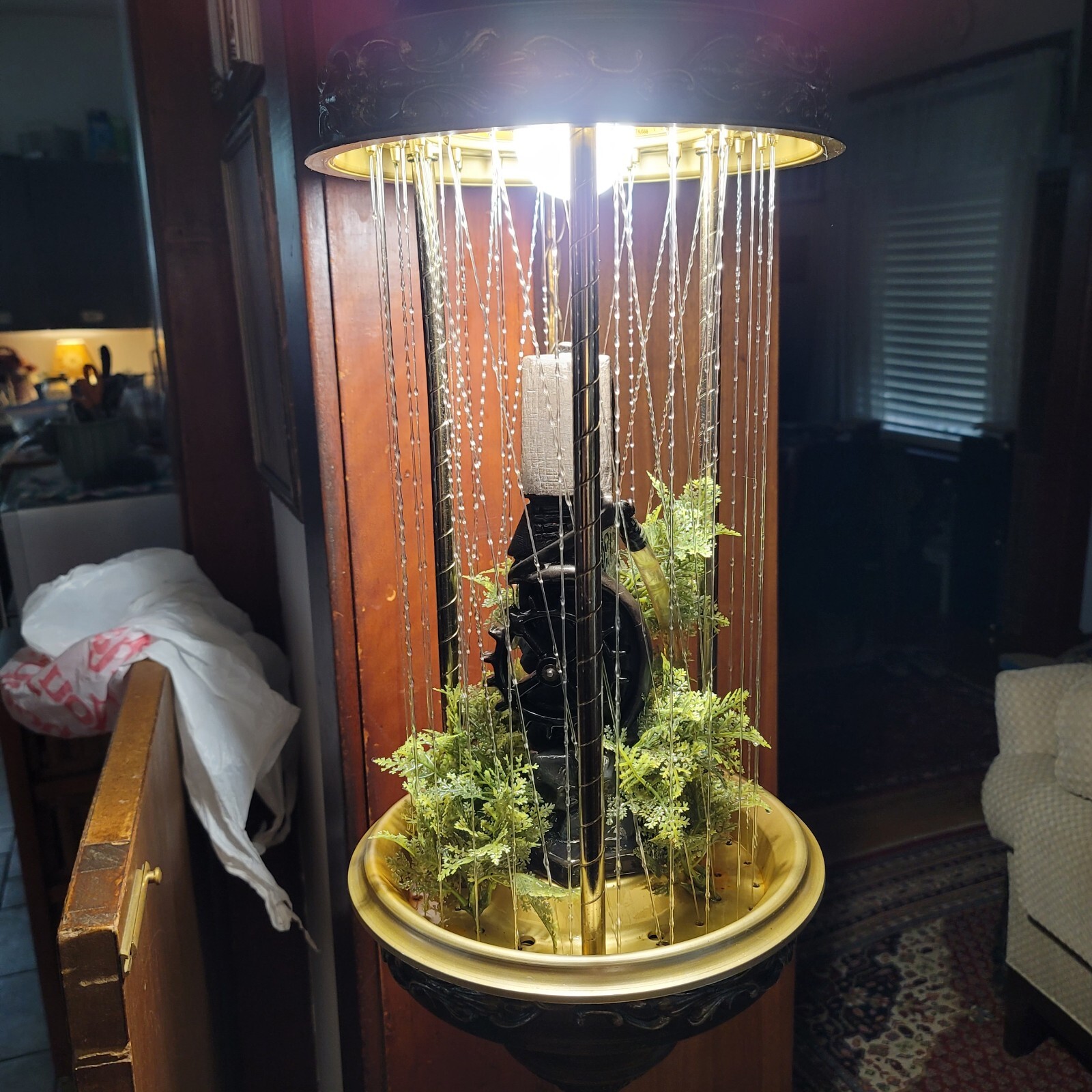 Antique Oil Lamp, Water Wheel, Vintage 70s Hanging Mineral Oil Rain