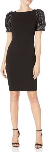 New Calvin Klein BLACK Embellished Short Sleeve Exquisite Sheath Dress size 2