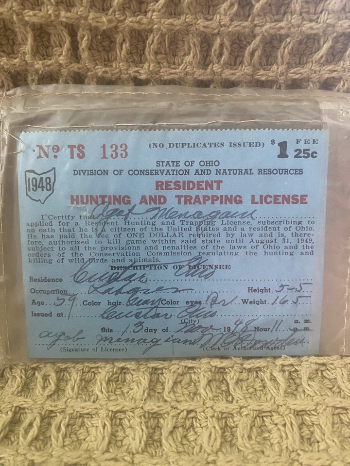 1948 Ohio Vintage Resident Hunting and Trapping License Sealed In Plastic EUC eBay