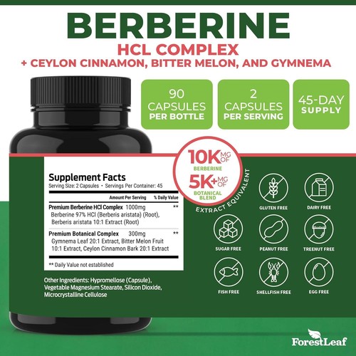Berberine HCL Complex Supplement 1300mg Blood Sugar & Cholesterol , 90 Capsules - Picture 2 of 9