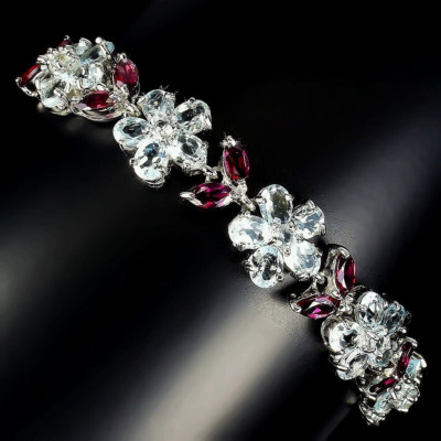 FLAWLESS NATURAL AAA AQUAMARINE & RHODOLITE BRACELET 925 STERLING SILVER 7.5 IN