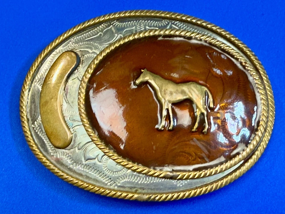 Caballo de pie precioso cinturón alemán de plata hebilla trofeo cinta en blanco para grabar Foto 2 de 4