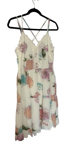 Xhilaration Floral Sundress Size XL Beige Spaghetti Strap Lined Front Lace - Picture 2 of 9