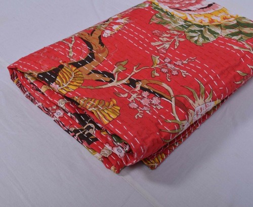 Indian Hand Block Floral Kantha Quilt,Blanket Cotton King Size Bedspread Throw - Picture 7 of 10