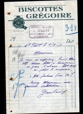 SAINT-PREST (28) GROCERY STORE ''E. GAULARD'' advertising BISCOTTES GREGOIRE in 1933