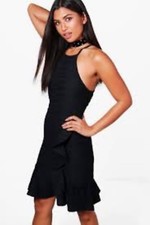BOOHOO Kerry Textured Strappy Frill Bodycon Dress BLACK SIZE 8 UK N01 E