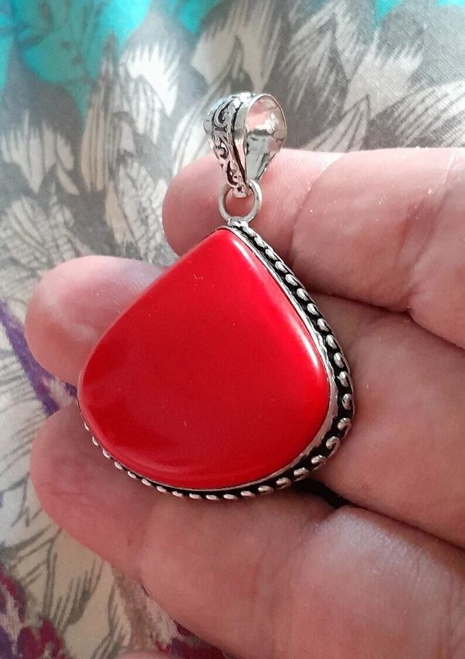 COLLANA ARGENTO 925 CON CORALLO ROSSO SARDO NATURALE PENDENTE GEOMETRICO GOCCIA - Immagine 3 di 4