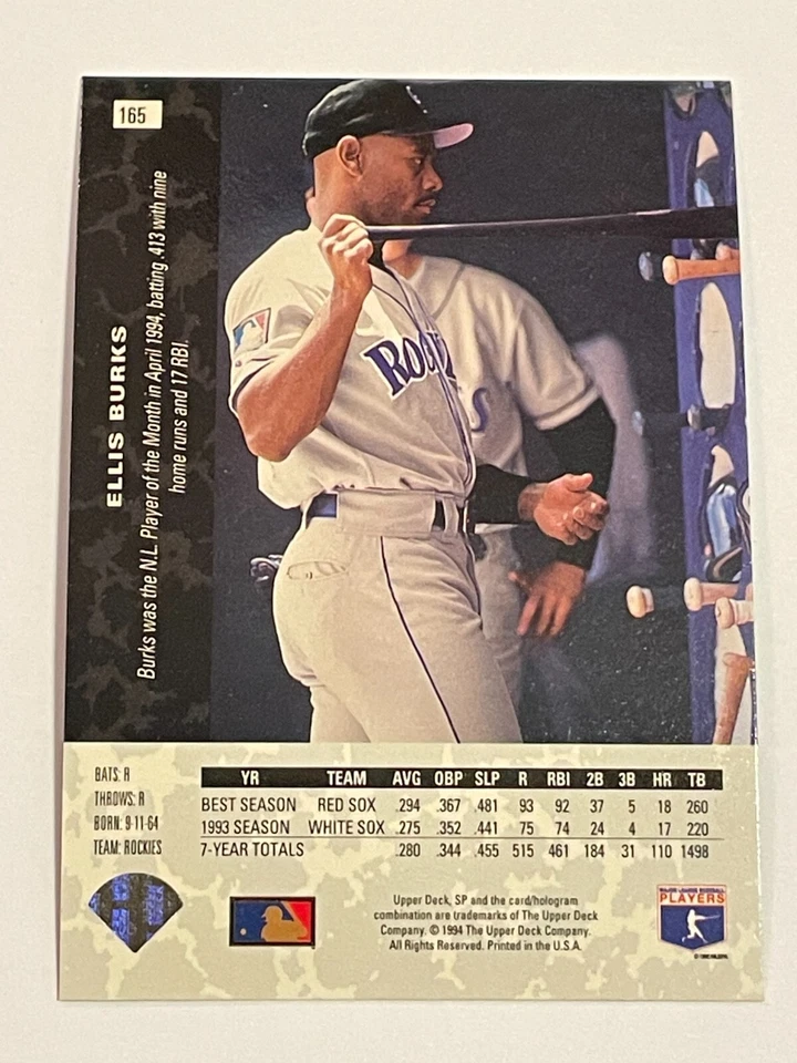 1994 Upper Deck SP Baseball #165 - Ellis Burks - Colorado Rockies - Image 2 of 2