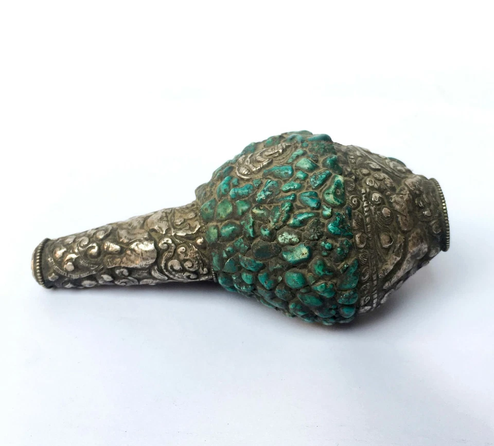 Tibetano Soplando Shankh Caracola Trompeta Cuerno Estatua Turquesa Azulejo Decoración del Hogar Foto 4 de 4