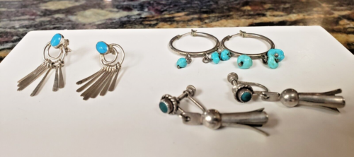 3 PAIR VINTAGE NATIVE AMERICAN TURQUOISE STERLING SILVER EARRING