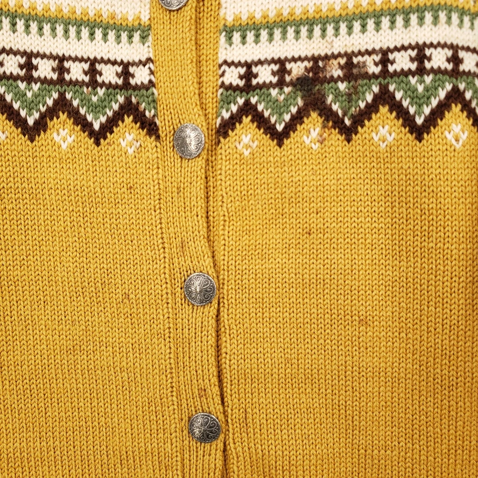Cardigã suéter feminino M amarelo médio Fair Isle nórdico gola redonda botão frontal - Imagem 3 de 4