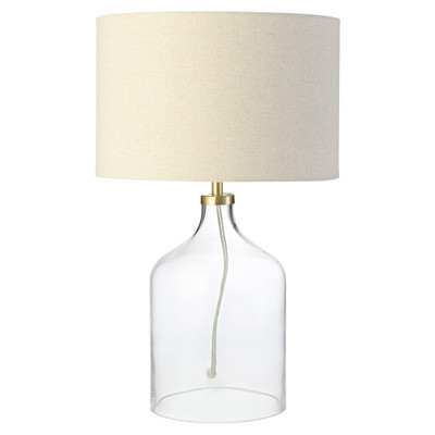 Moderne elegante Tischlampe mit Klarglasfuß und Haferflocken Leinenschirm...
