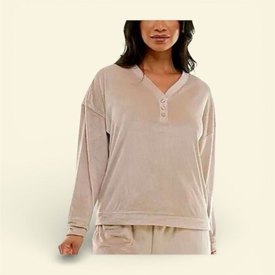 Punto Blanco Beige Velour Button Pajama Set V-Neck Long Sleeve Size L