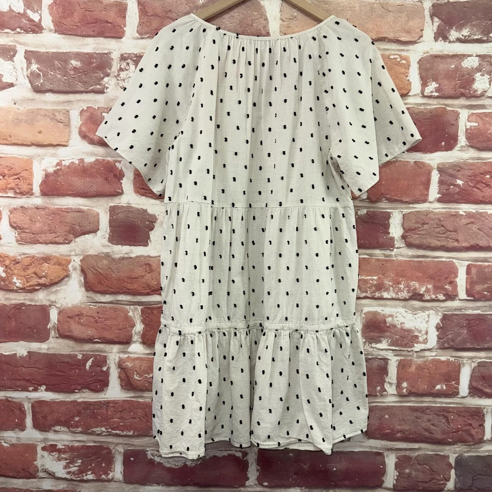 Madewell Dress Womens Large Off White Black Clip Dot Squares Cotton Linen Blend - Image 2 of 4