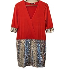 Venus Dress Womens Small Red Colorblock Wrap Dress Sequin V-Neck Knee Length