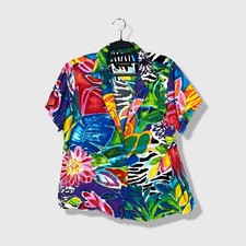 Jams World Button Up Shirt Womens M Multicolor Tropical Floral Aloha Art to Wear