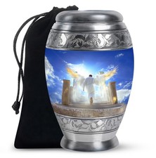 White Angel Wings Burial Large Urn For Ashes Adult Mother 10 Inch 