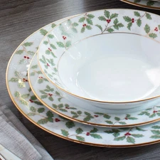 Noritake Holly and Berry Gold  12-Piece Festive Dinnerware Set Service for 4