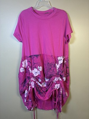 TG.U Made in Italy Linen Viscose Combo Drawstring Bubble Floral Dress Pink XL