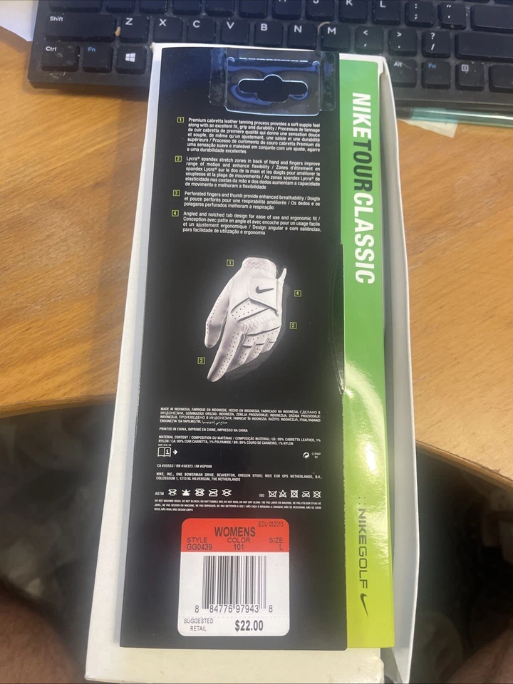 Guante de golf Nike Tour Classic para mujer izquierdo 22 cm grande blanco/negro Foto 2 de 2