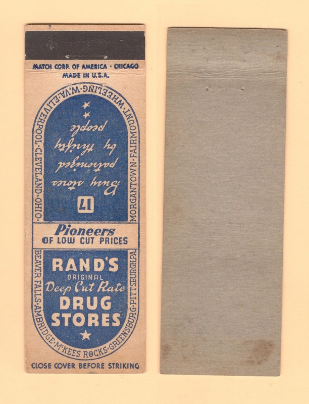 RAND'S DEEP CUT RATE DRUG STORES PA + W VA MATCHBOOK COVER