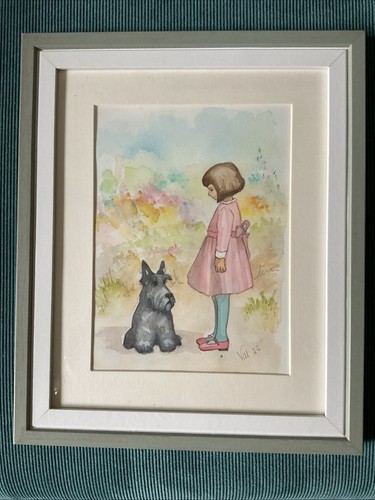 ‘ Best Friends’ Scotty Dog & Little Girl Framed Watercolour 29x25 Cm Not a Print