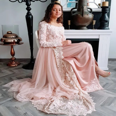 Elegant Pink Dubai Evening Dress With Long Sleeve Kaftan Morrocan Formal Party