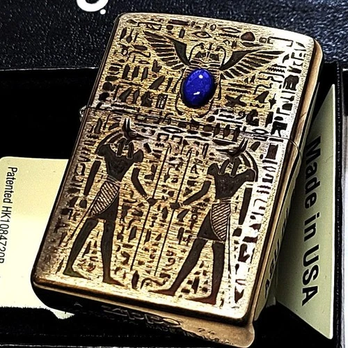 Anubis Egyptian Mythology Lapis Lazuli Antique Gold 2 Sided Zippo Oil Lighter