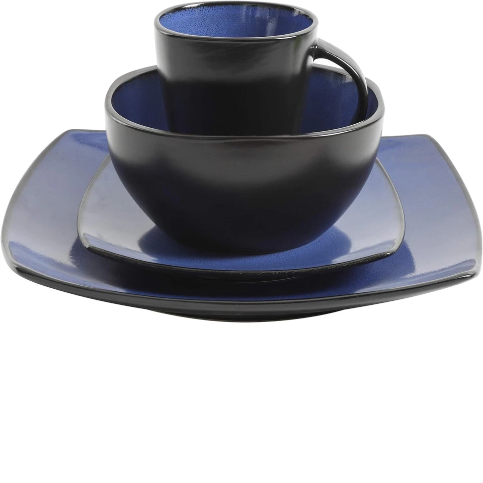 Gibson Soho Lounge 16 Piece Square Dinnerware Set, Blue, Dishwasher Stoneware - Image 4 of 4