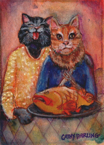 ACEO Original NFAC Cats Pesca-Turkey Day Cathy Darling Hostetter Thanksgiving