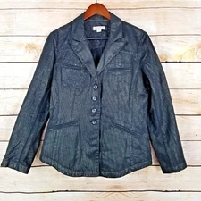 Coldwater Creek Jacket Womens Size 10 Black Shiny Denim Embroidered Metallic