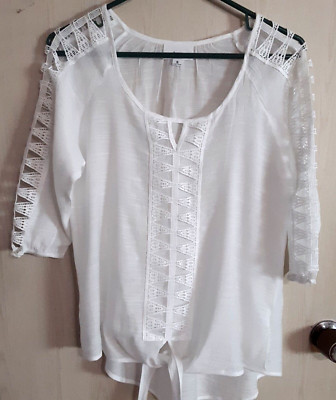 Fyve White Lace Trimmed BOHO Half Sleeve Top Size S   EUC  #5