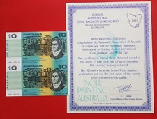 1991 AUSTRALIAN $10 UNCUTBLOCK OF 2 FRASER/COLE WITH CERTIFICATE HOBART INT FAIR
